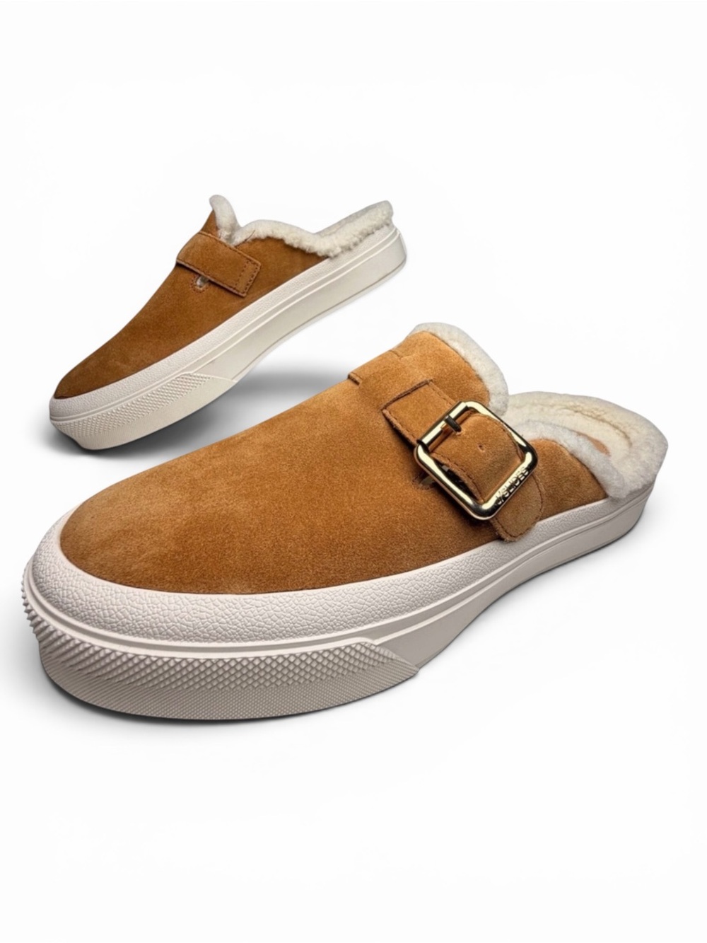 J/Slides Gilly Shearling Mule Sneakers Tan Suede Buckle Women 8 NWOB
